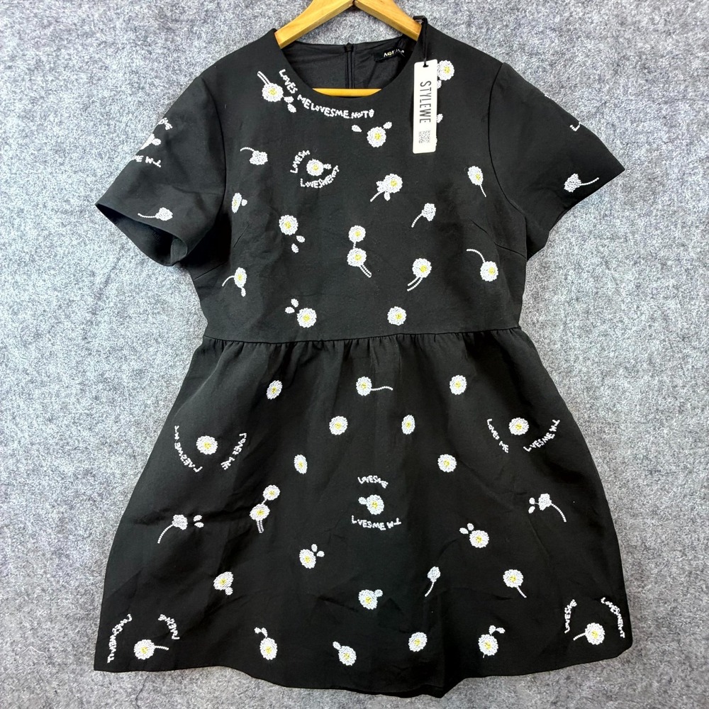 Aofuli Fit & Flare Dress Womens 3XL Black Embroidered Short Sleeve Crew Neck